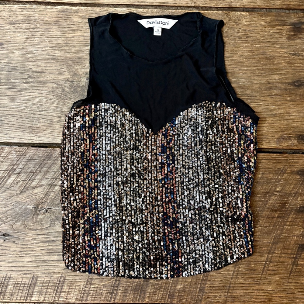 Davi & Dani Black Sequin Mesh Top Short Sleeve He… - image 1